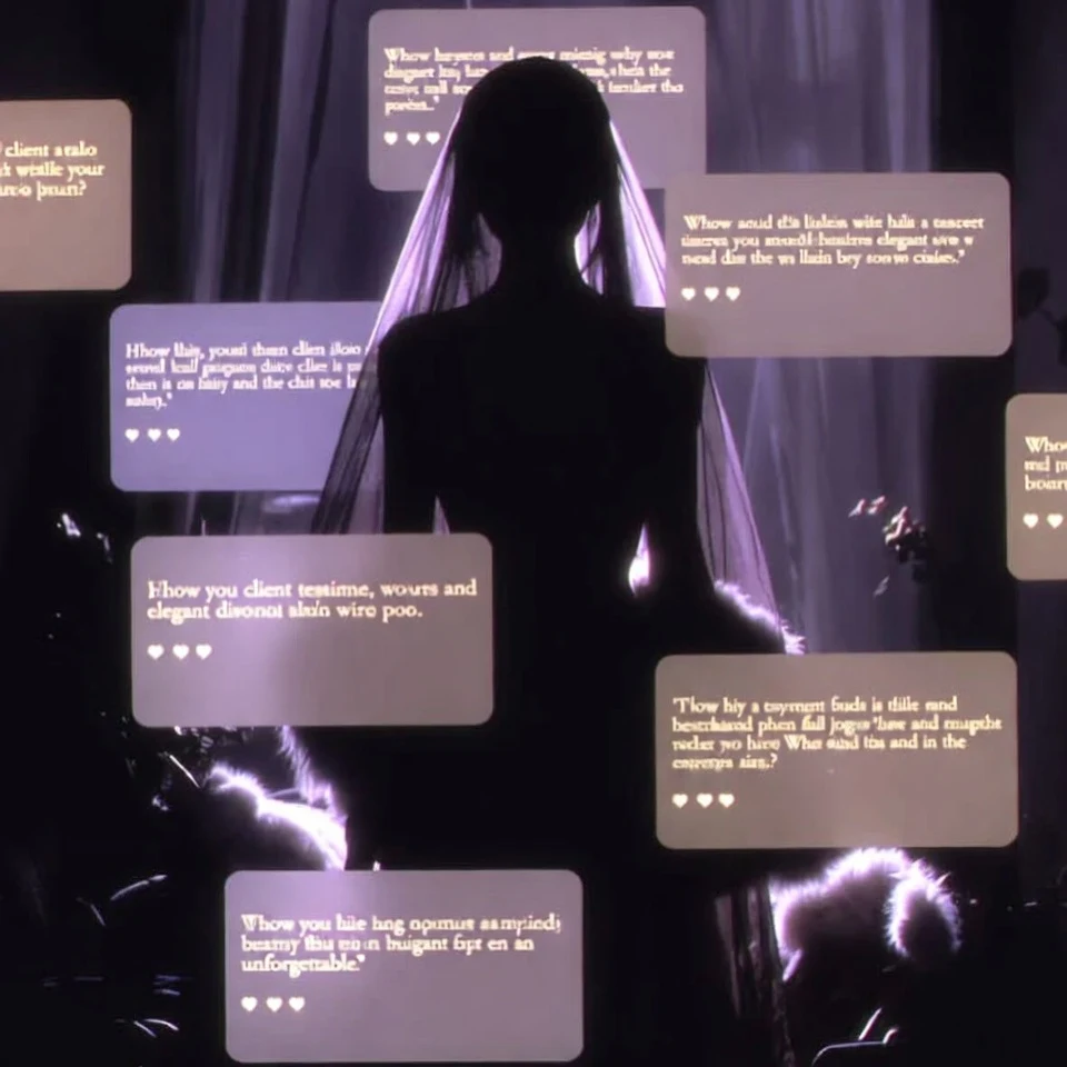 Silhouette of a woman behind a veil, framed by floating review messages
